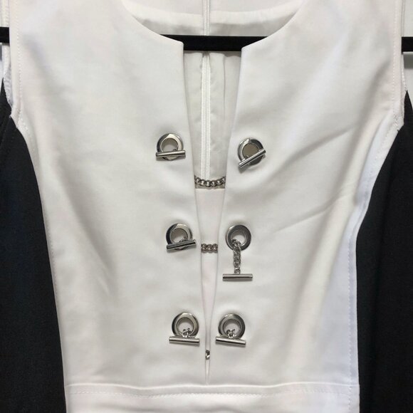 Etcetera Solid White Black Notch Neckline Sleeveless Lined Sheath Dress 2 - Picture 5 of 15